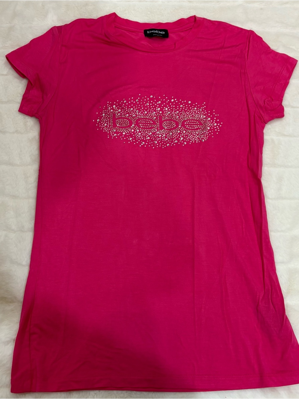 bebe Hot Pink Rhinestone Logo Short Sleeve Tee
